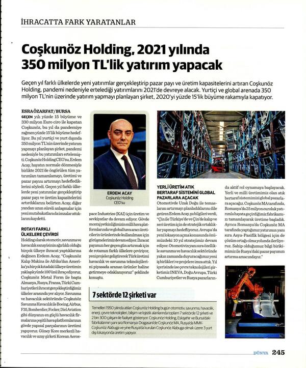 Coşkunöz Holding 2021 Yılında 350 Milyon TL'lik Yatırım Yapacak